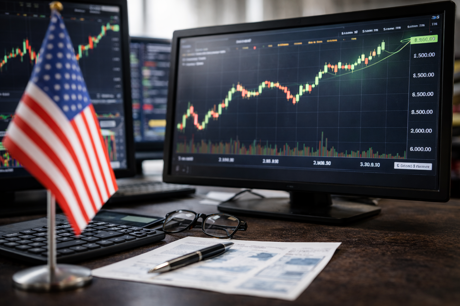Computer monitors displaying stock market charts on a trading desk with a small U.S. flag, calculator, glasses and financial documents.